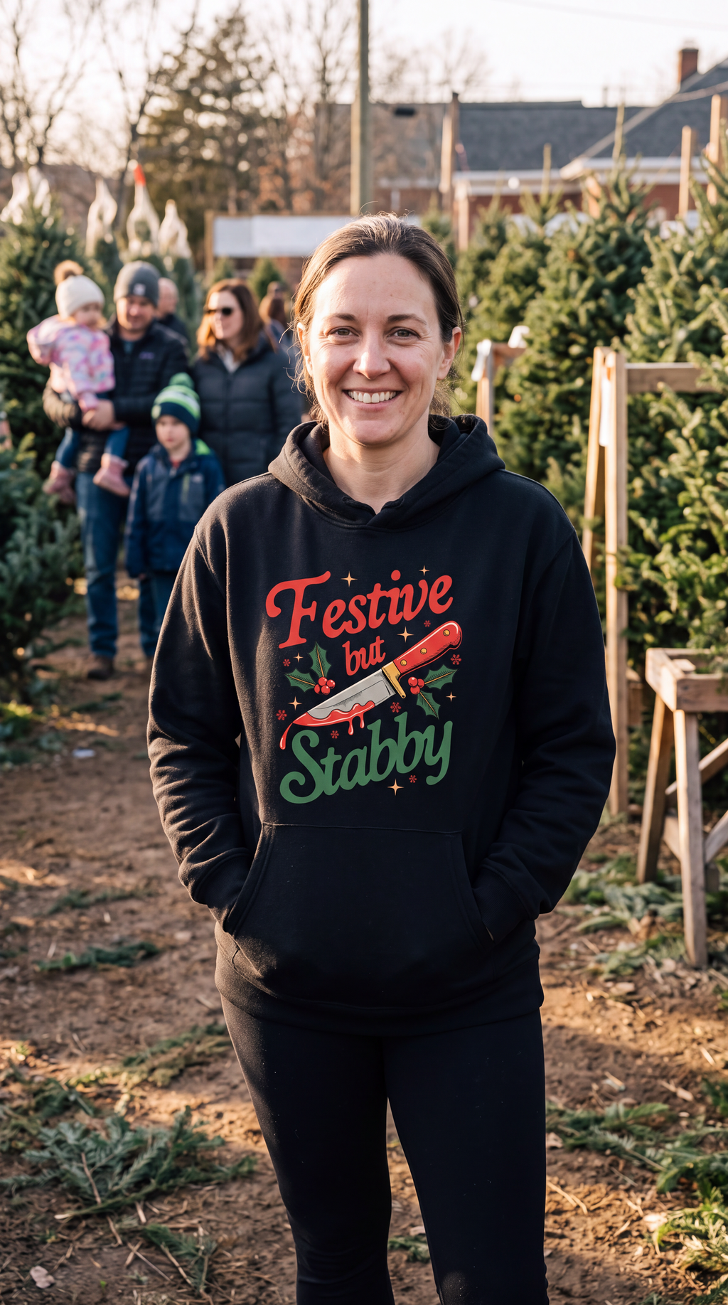 Woman wearing black Festive But Stabby dark humor Christmas hoodie