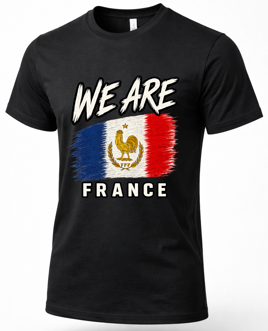 A black short-sleeve crewneck t-shirt featuring a distressed graphic of the French flag with a rooster emblem, accompanied by the text 'WE ARE' above and 'FRANCE' below.