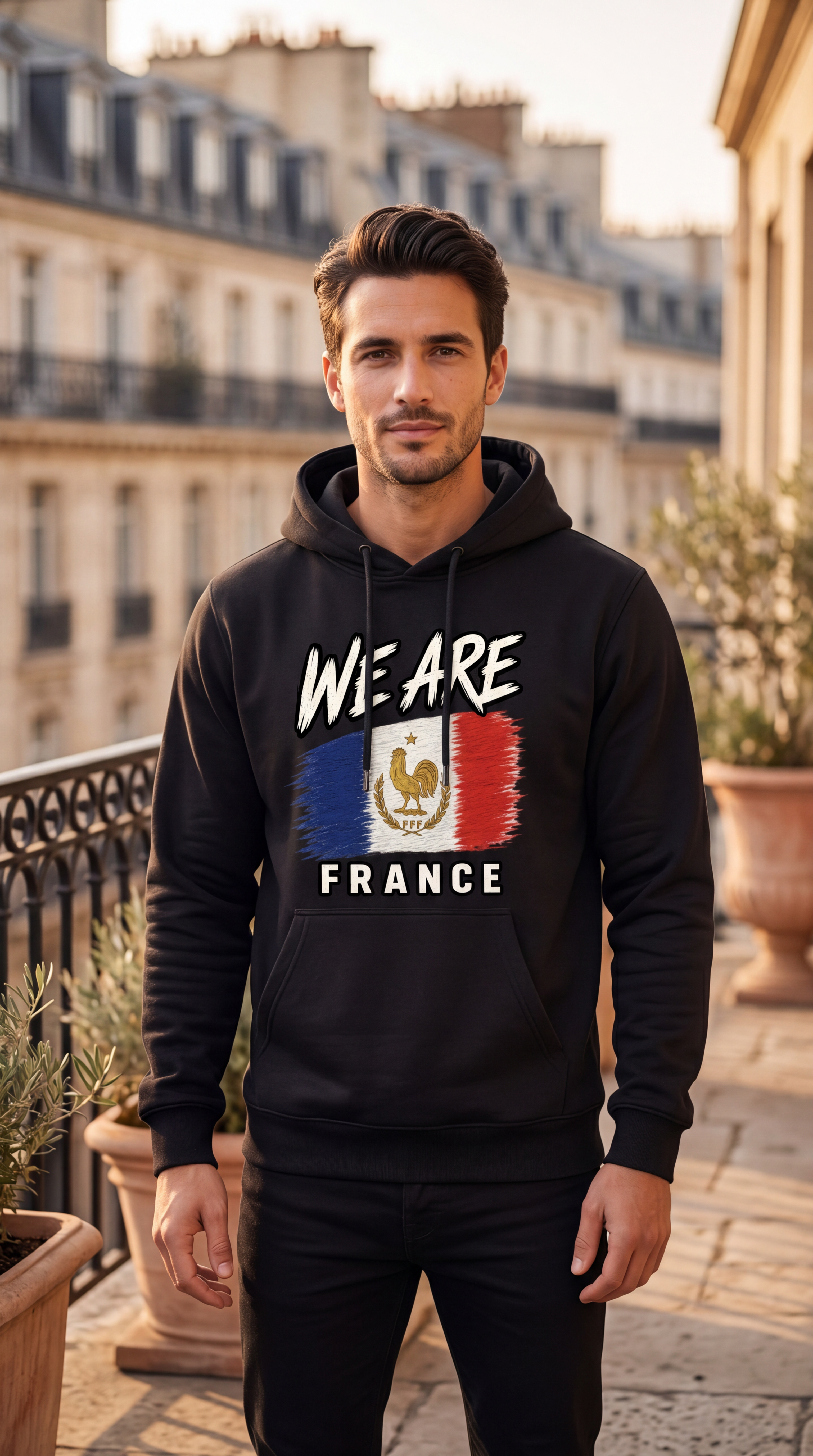 A man wearing a black hoodie with a 'WE ARE FRANCE' graphic featuring the French flag and eagle, standing on a sunlit stone balcony with classic Parisian buildings in the background.