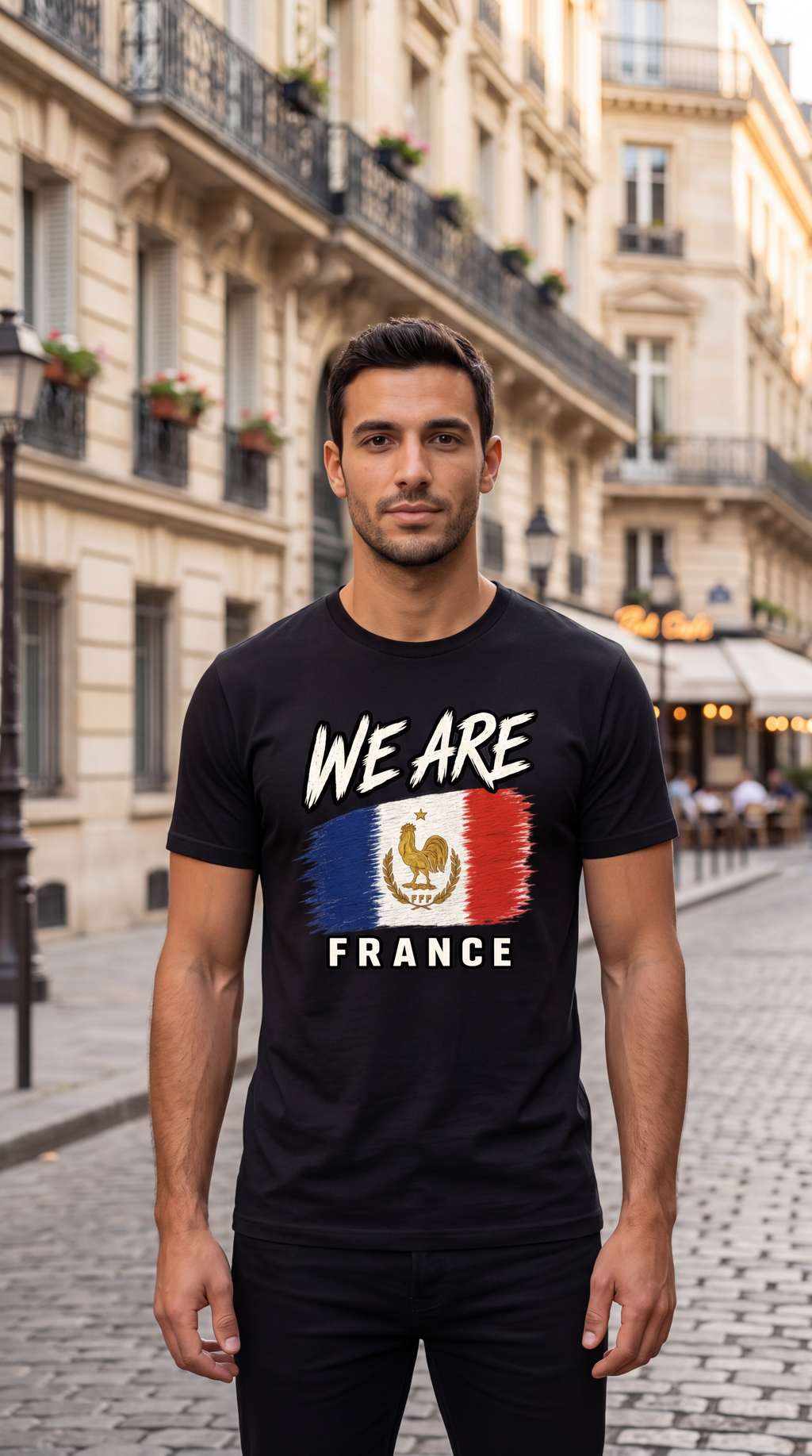 A man wearing a black t-shirt with a 'WE ARE FRANCE' graphic featuring the French flag and rooster, standing on a cobblestone street in front of classic Parisian buildings.