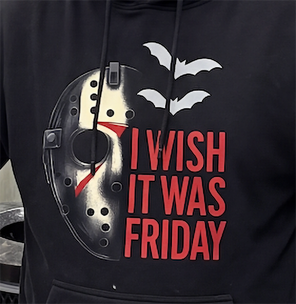 Close-up of black Jason Voorhees hoodie with I Wish It Was Friday design