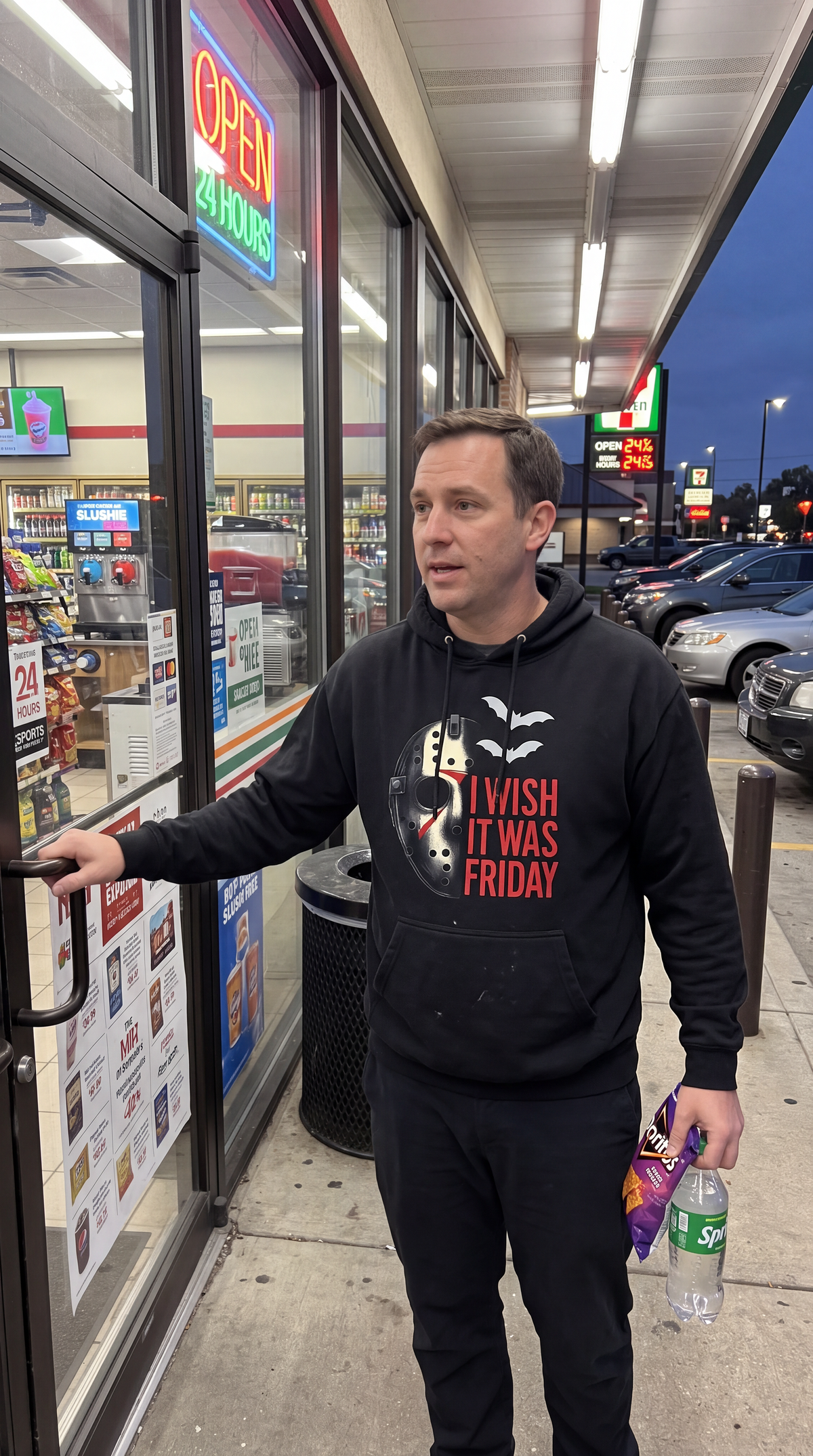 Man wearing black Friday the 13th Jason Voorhees horror hoodie in store