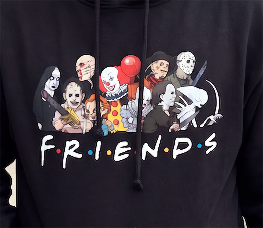 Close-up of black Horror Friends hoodie featuring classic horror movie characters