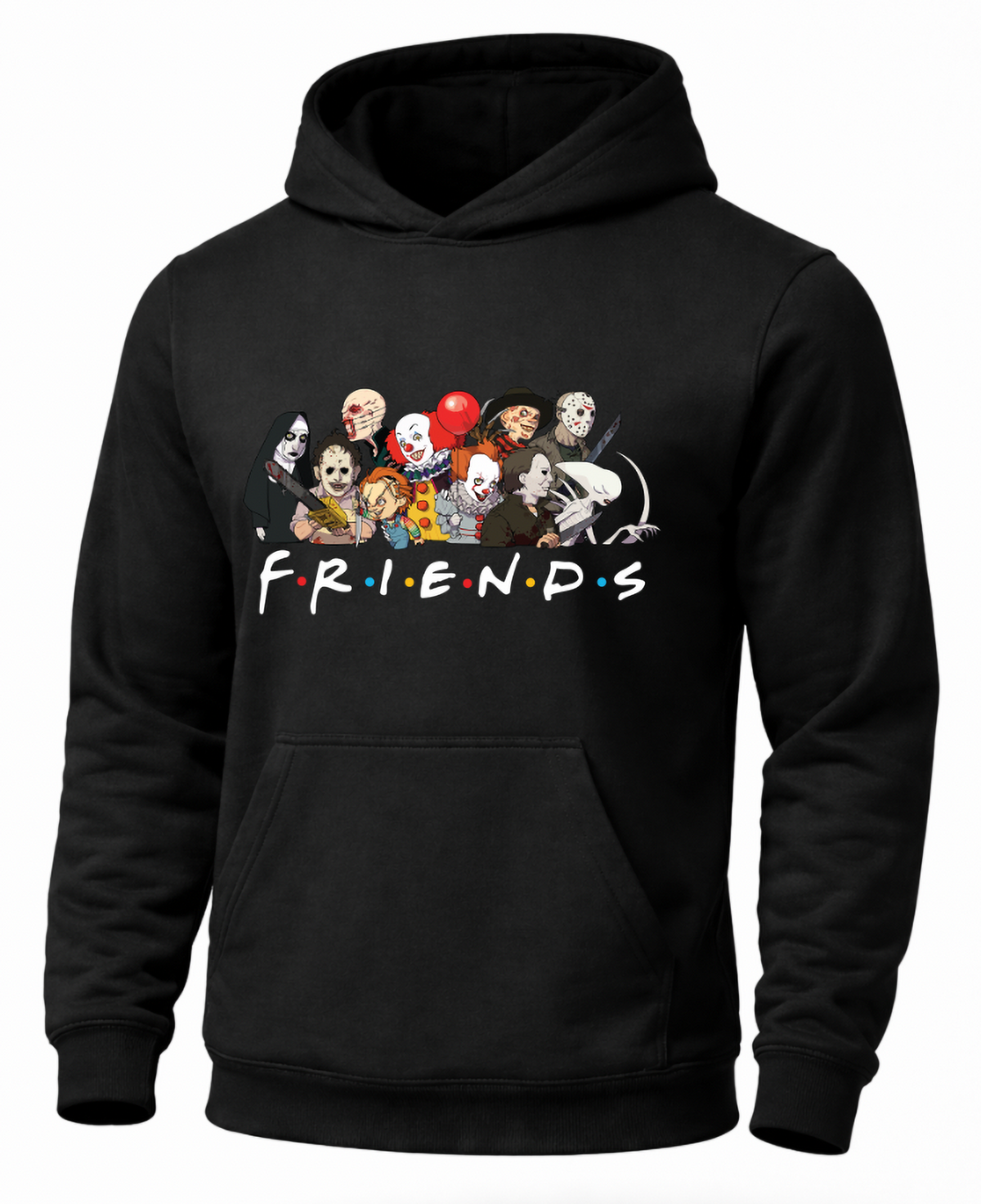 Black Horror Friends hoodie with colorful classic horror character graphic