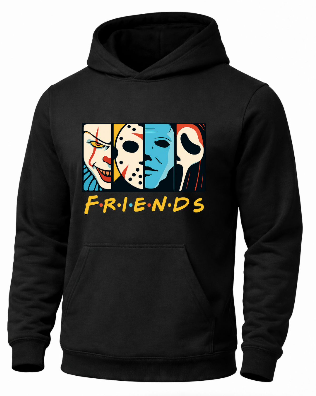 Black Horror Friends hoodie featuring colorful classic horror slasher character graphic.
