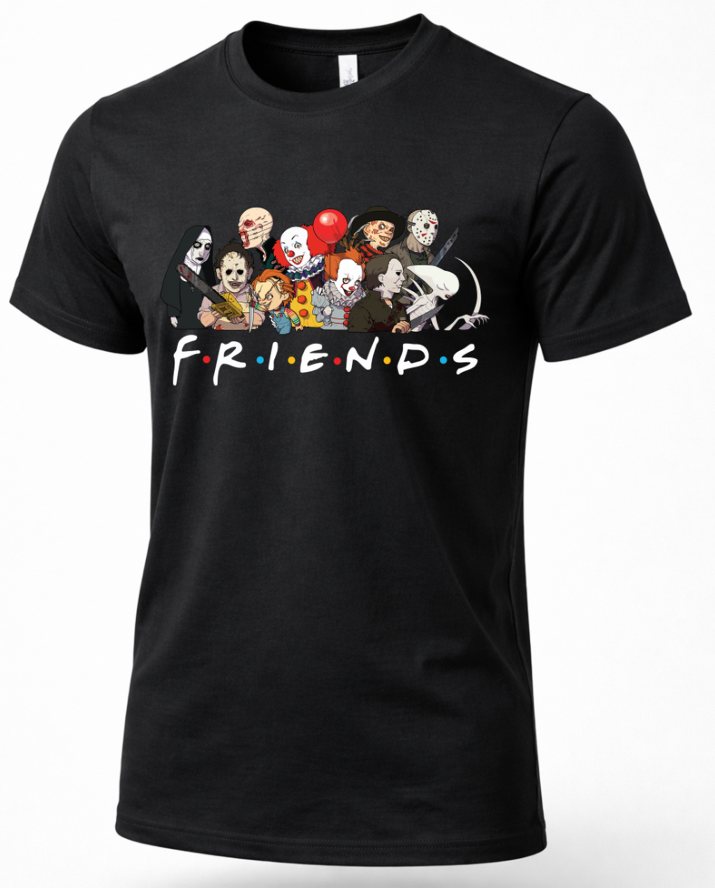 Black Horror Friends Halloween shirt with colorful horror character graphic