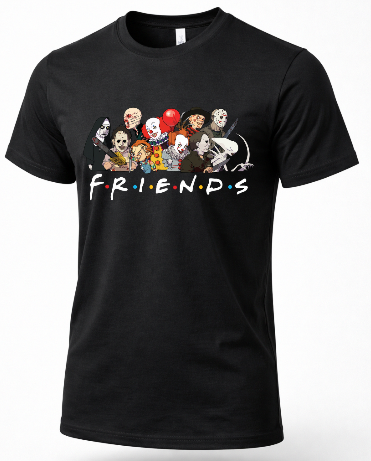 Black Horror Friends Halloween shirt with colorful horror character graphic