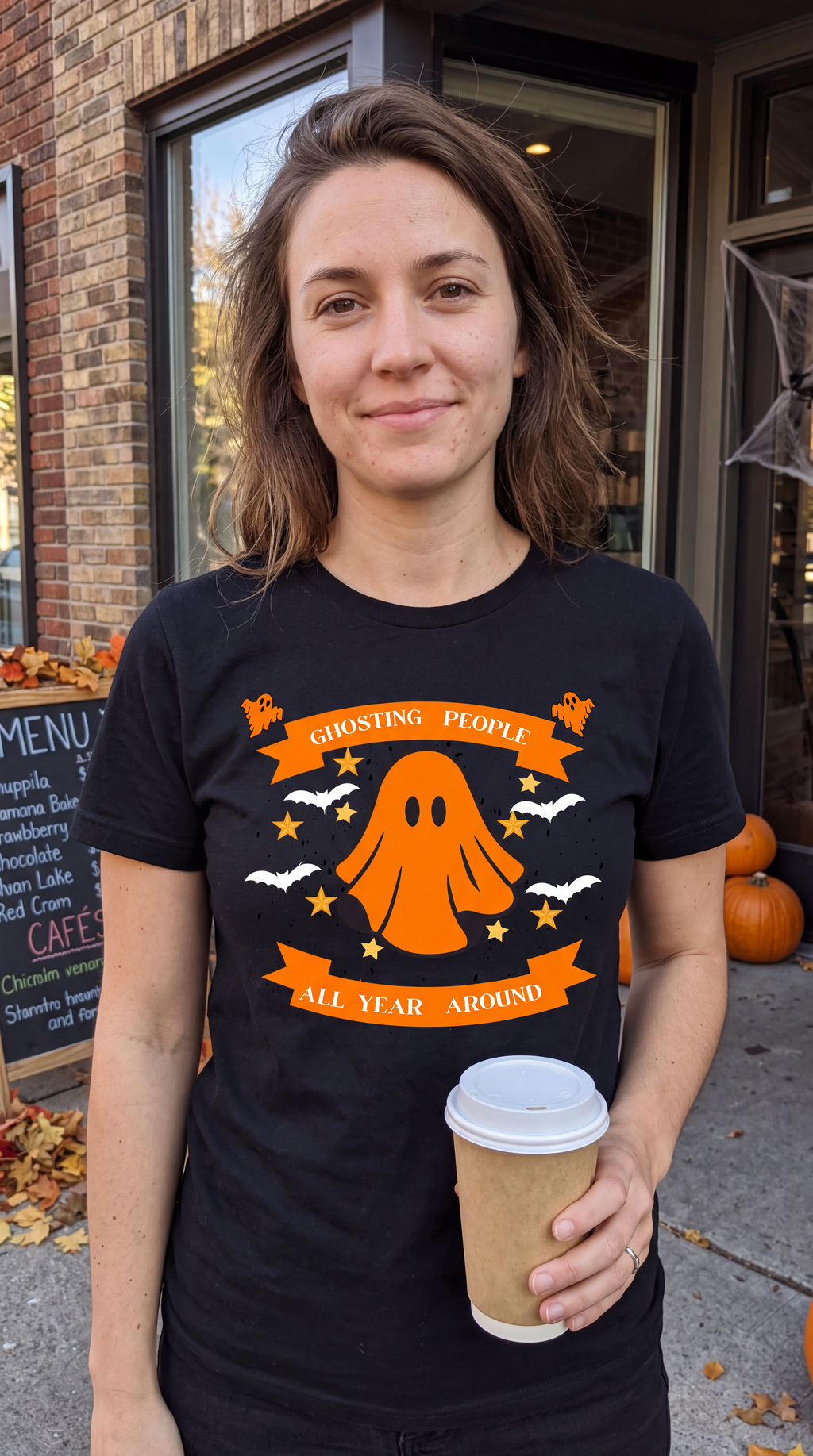 Woman wearing black Ghosting People All Year Round Halloween ghost shirt