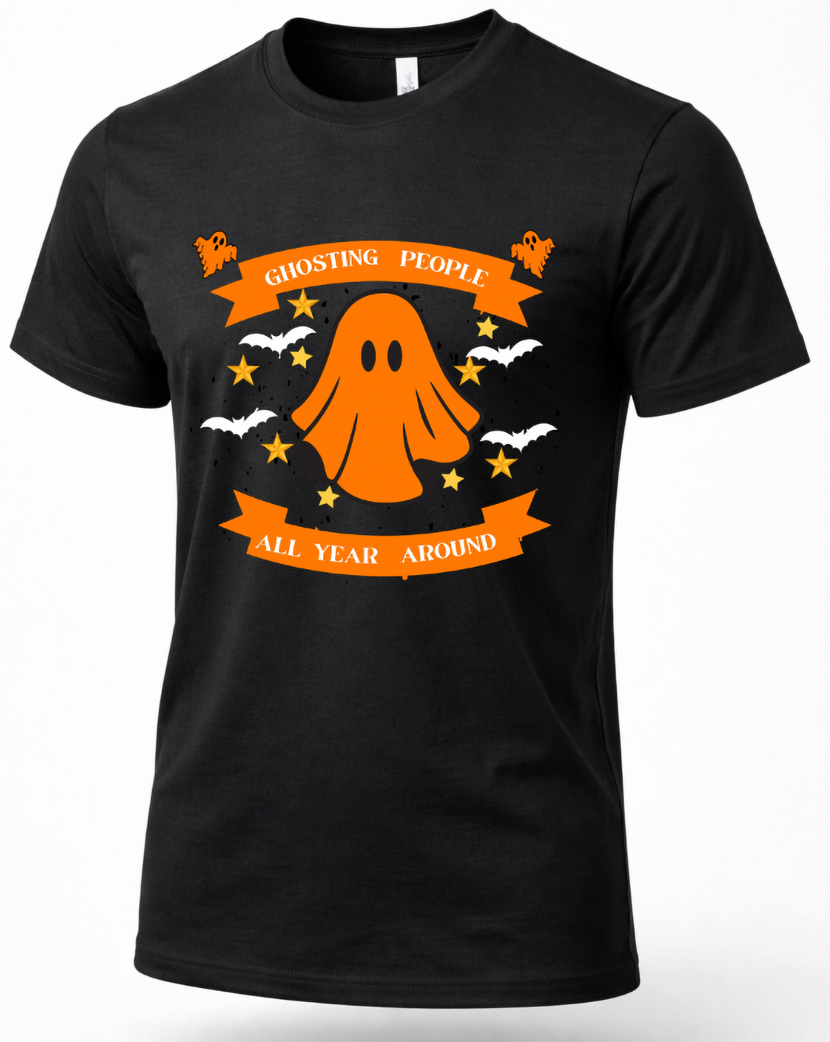 Black Ghosting People All Year Round shirt with orange ghost Halloween graphic