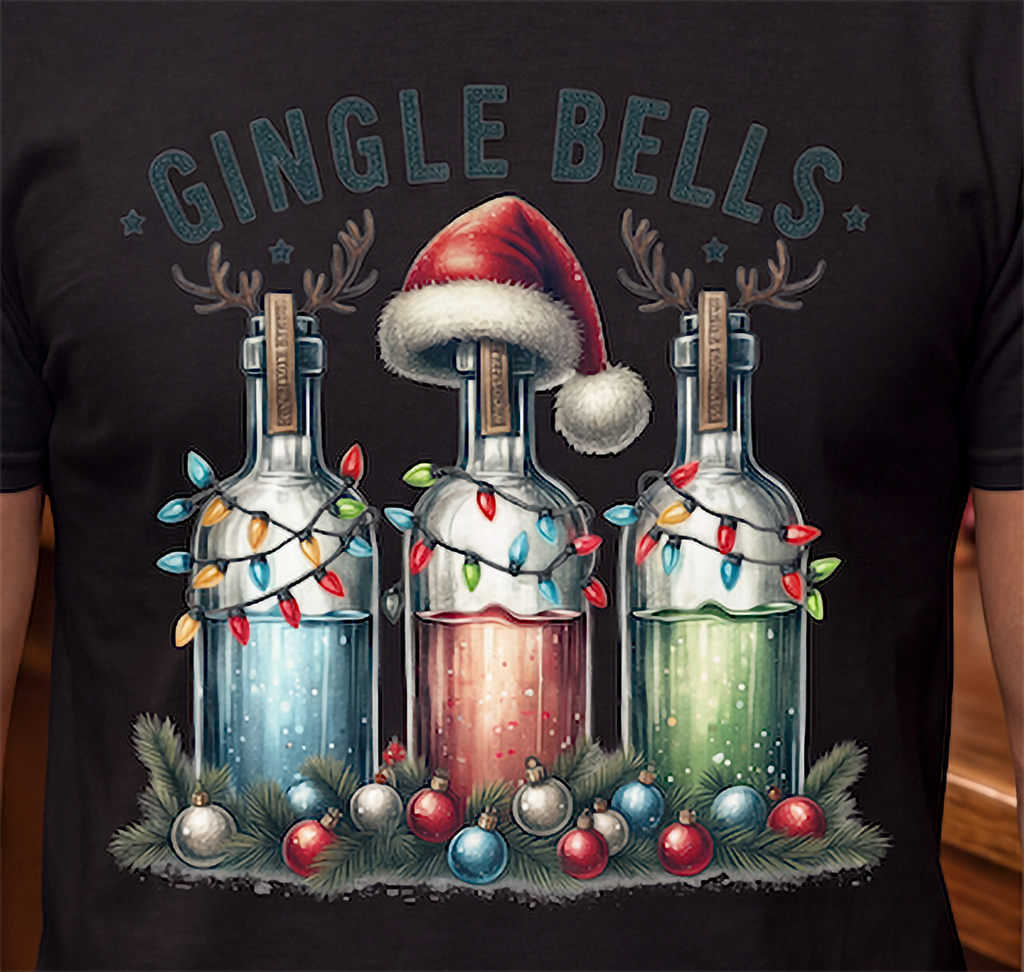 lose-up of Gingle Bells festive liquor bottle Christmas design on black shirt