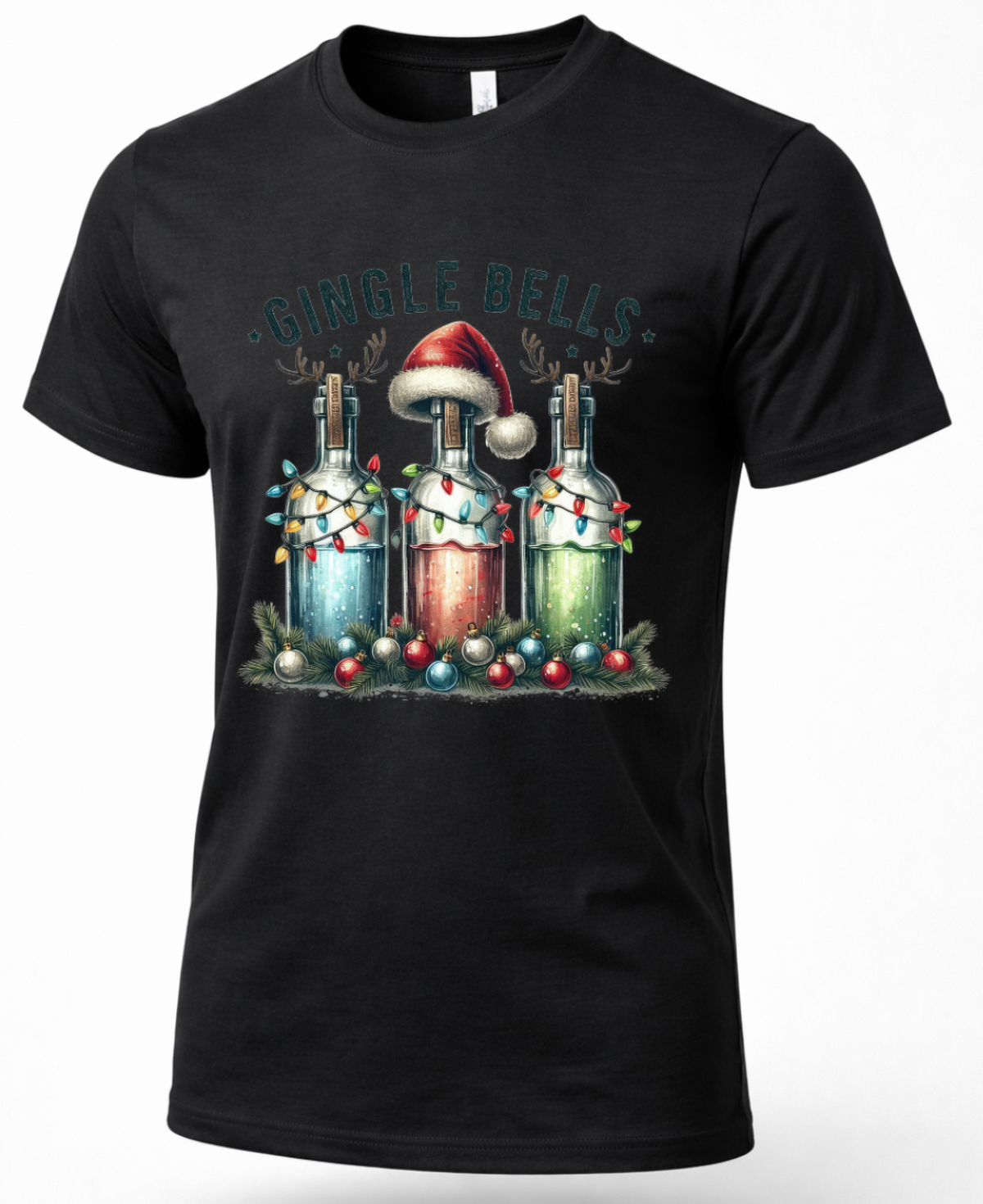 Black Christmas shirt featuring Gingle Bells holiday liquor bottle graphic