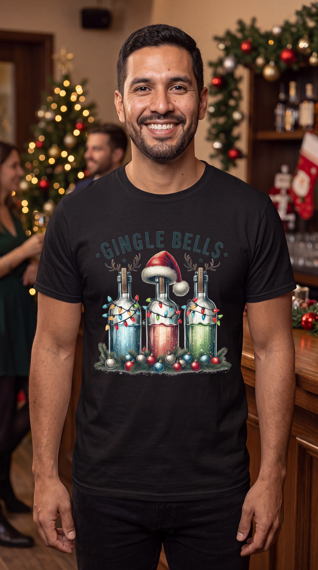 Man wearing black Gingle Bells funny Christmas drinking shirt