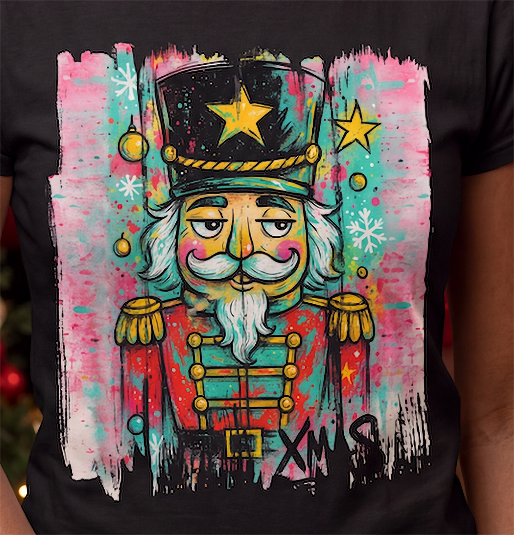 Close-up of colorful graffiti nutcracker Christmas graphic on black shirt