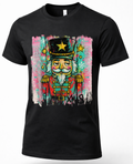 Black Christmas graphic tee featuring colorful graffiti style nutcracker artwork