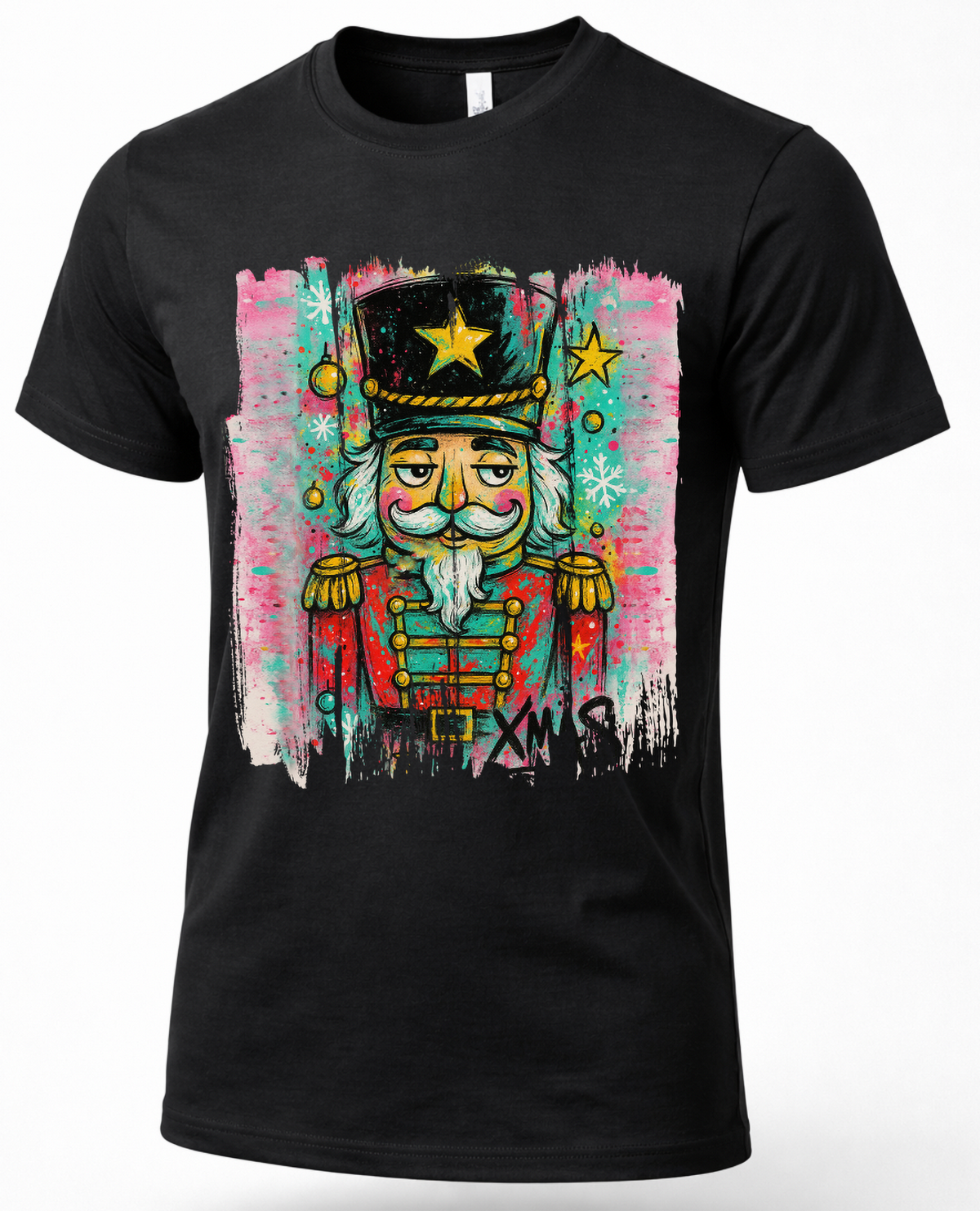 Black Christmas graphic tee featuring colorful graffiti style nutcracker artwork