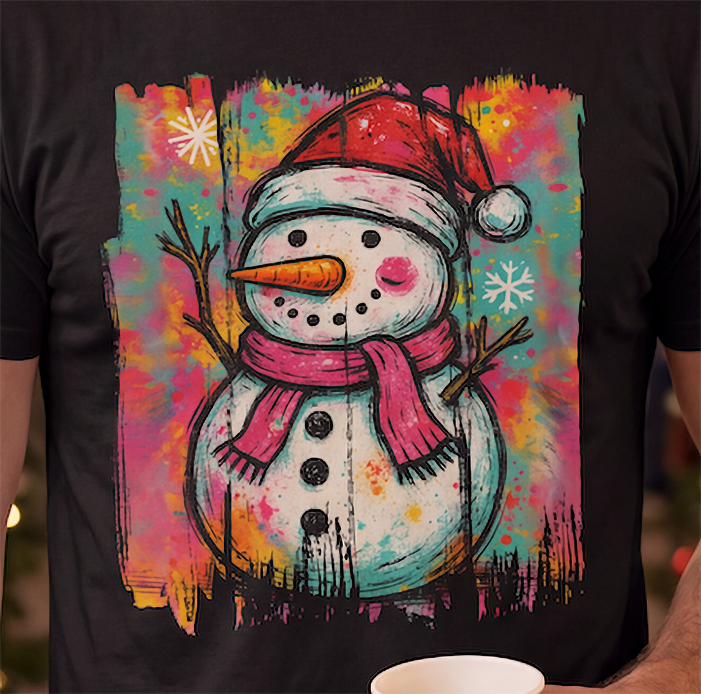Close-up of colorful graffiti snowman Christmas design on black shirt.