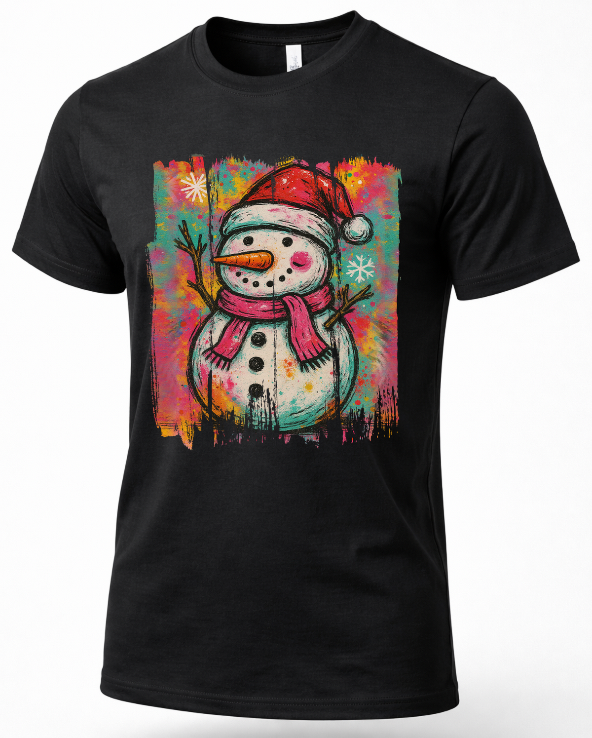 Black Graffiti Snowman Christmas graphic T-shirt product mockup.