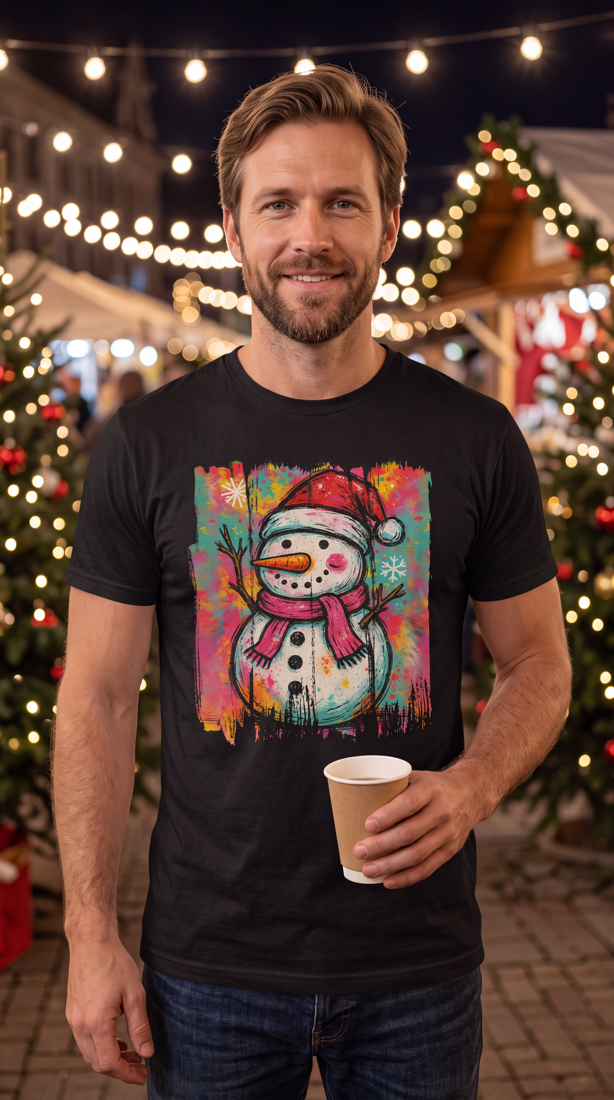 Man wearing black Graffiti Snowman Christmas shirt at a festive holiday market.