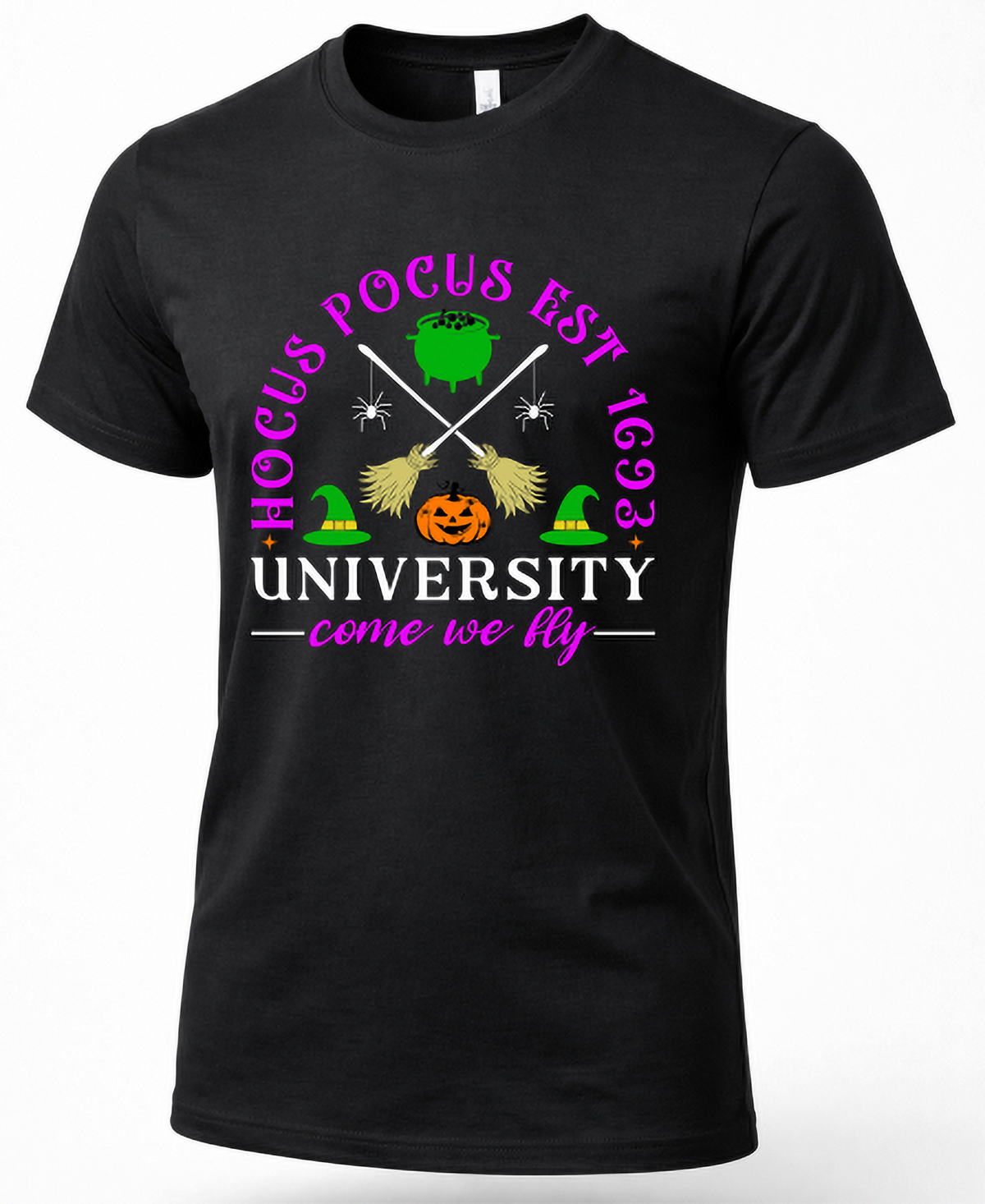 Black Hocus Pocus University shirt with colorful Come We Fly witch graphic