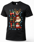 Black unisex Ho Ho Ho Christmas graphic t-shirt featuring festive plaid lettering, Santa Claus, reindeer and snowman.