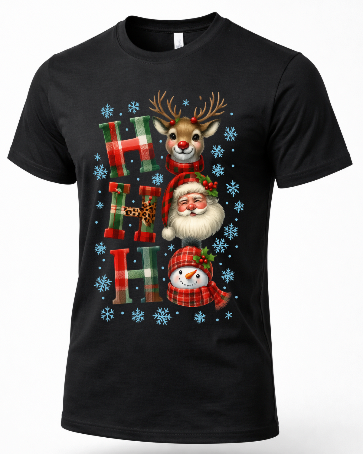 Black unisex Ho Ho Ho Christmas graphic t-shirt featuring festive plaid lettering, Santa Claus, reindeer and snowman.