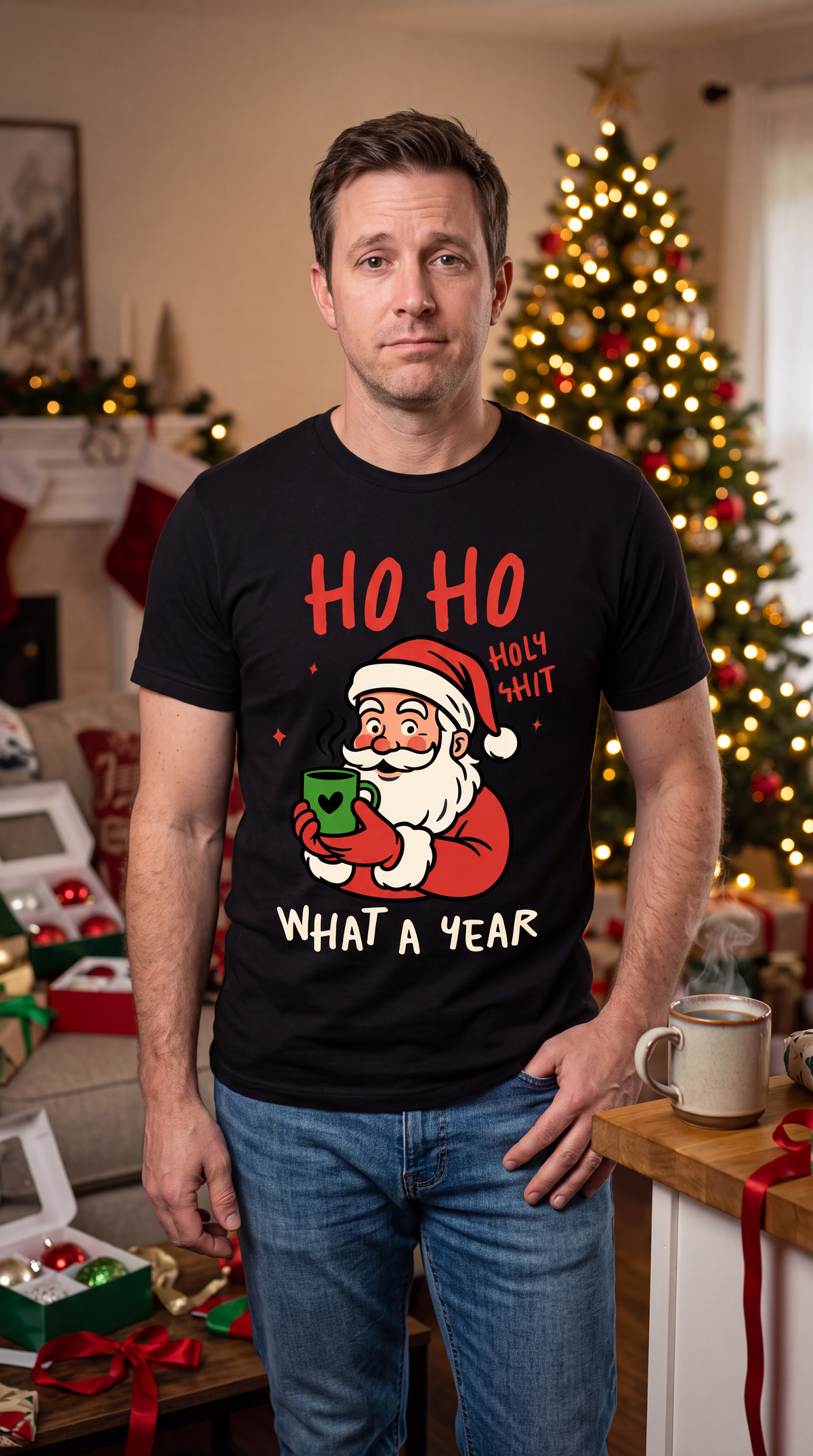 Man wearing black Ho Ho Holy Shit Christmas graphic tee with funny Santa design at a festive holiday gathering