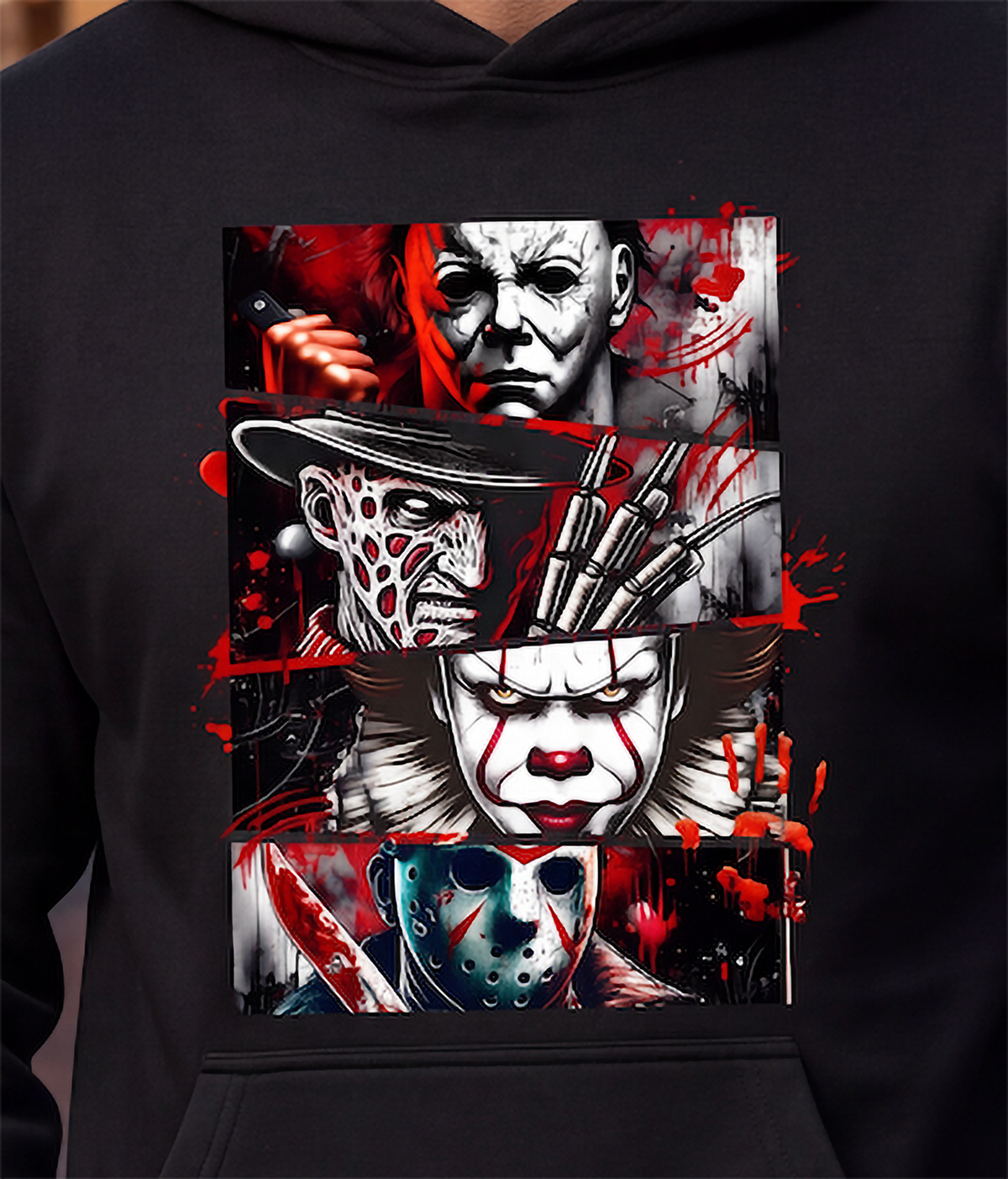 Close-up of black horror hoodie with Michael Myers Freddy Pennywise and Jason graphic