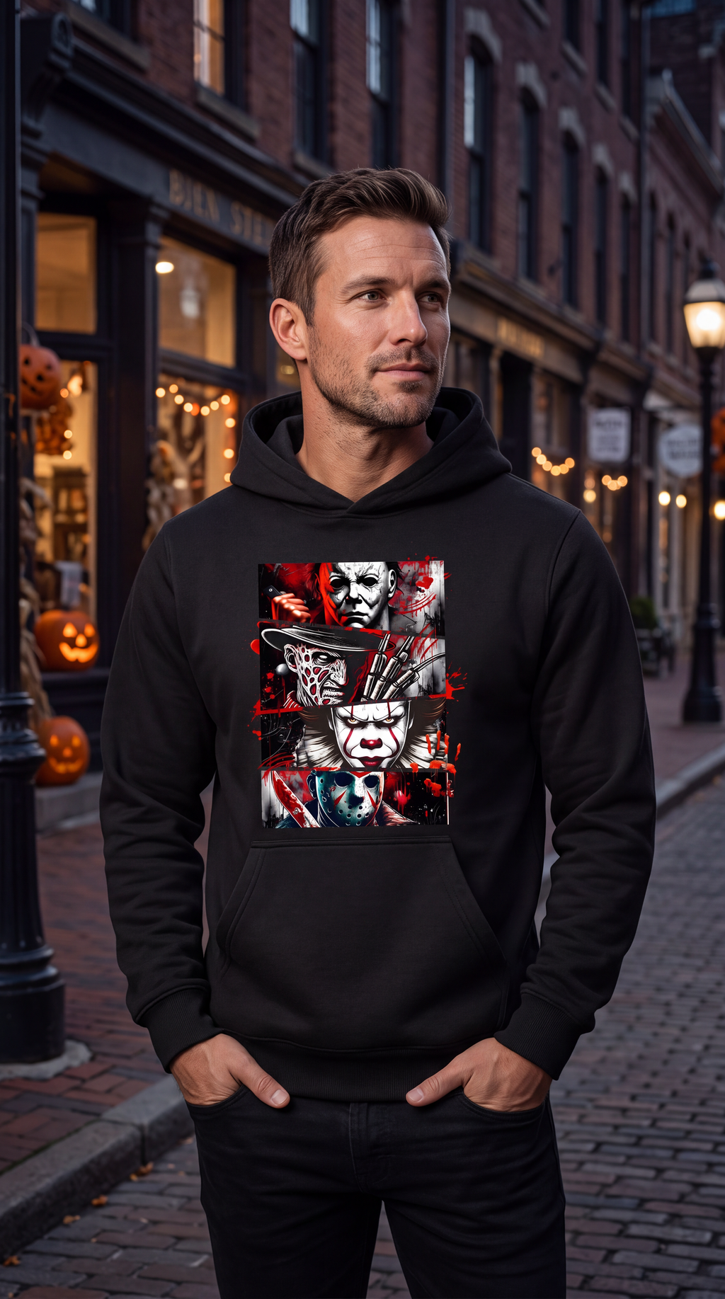 Man wearing black horror movie icons hoodie with Michael Myers Freddy Pennywise and Jason