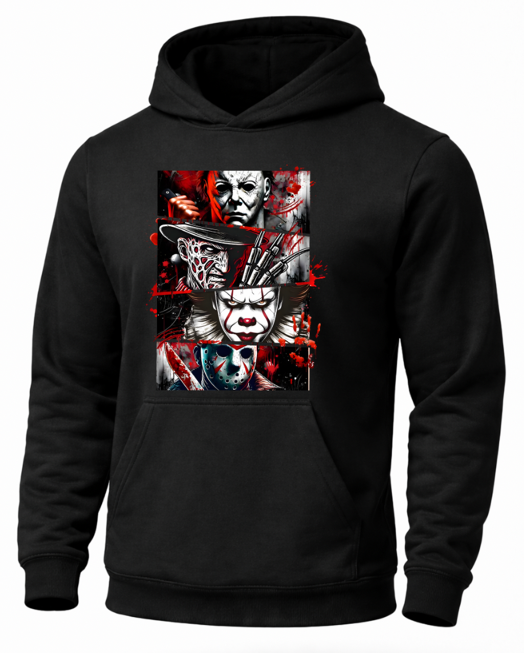 Black horror movie icons hoodie featuring Michael Myers Freddy Krueger Pennywise and Jason