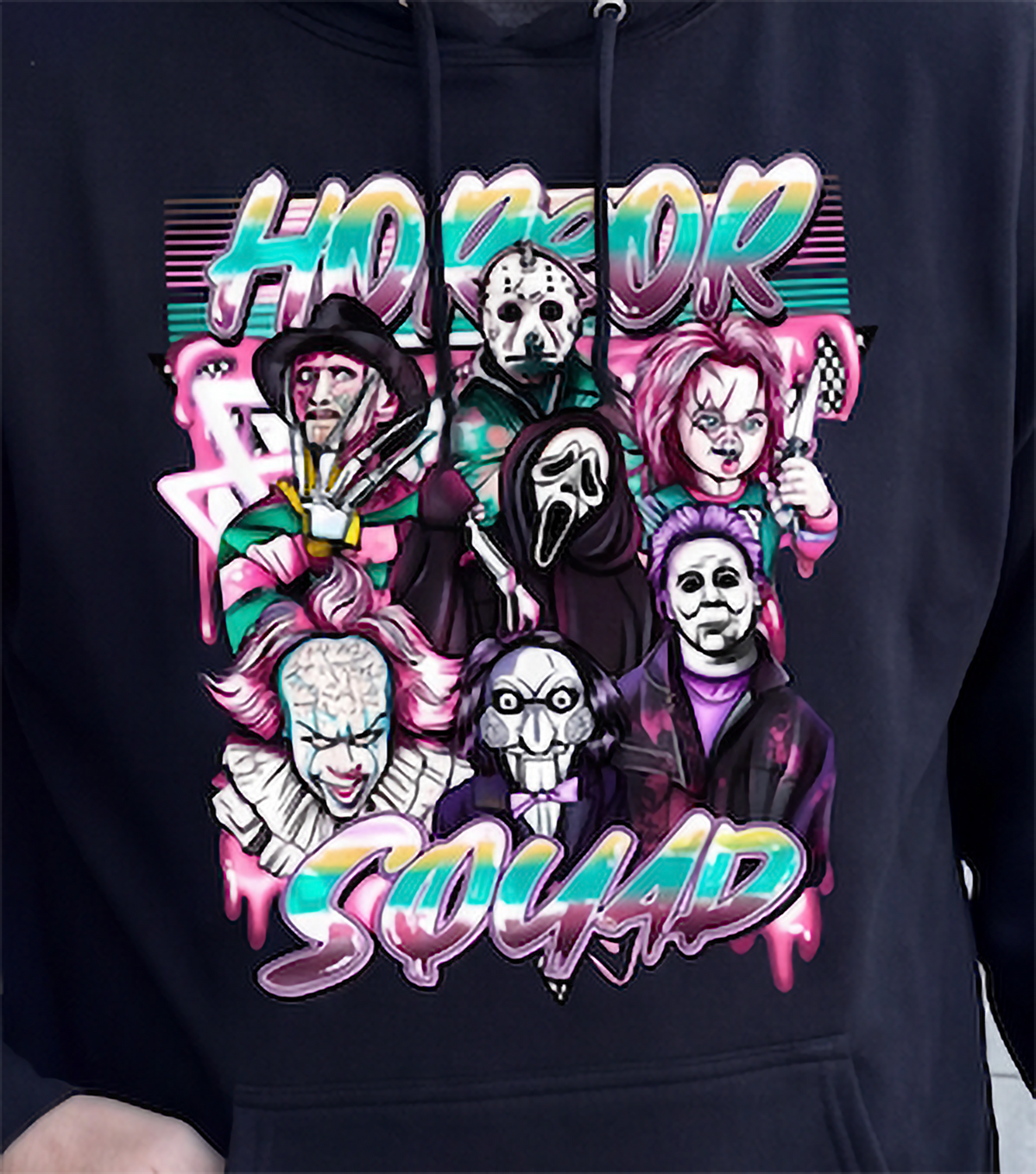 Close-up of black Horror Squad Halloween hoodie with classic horror characters