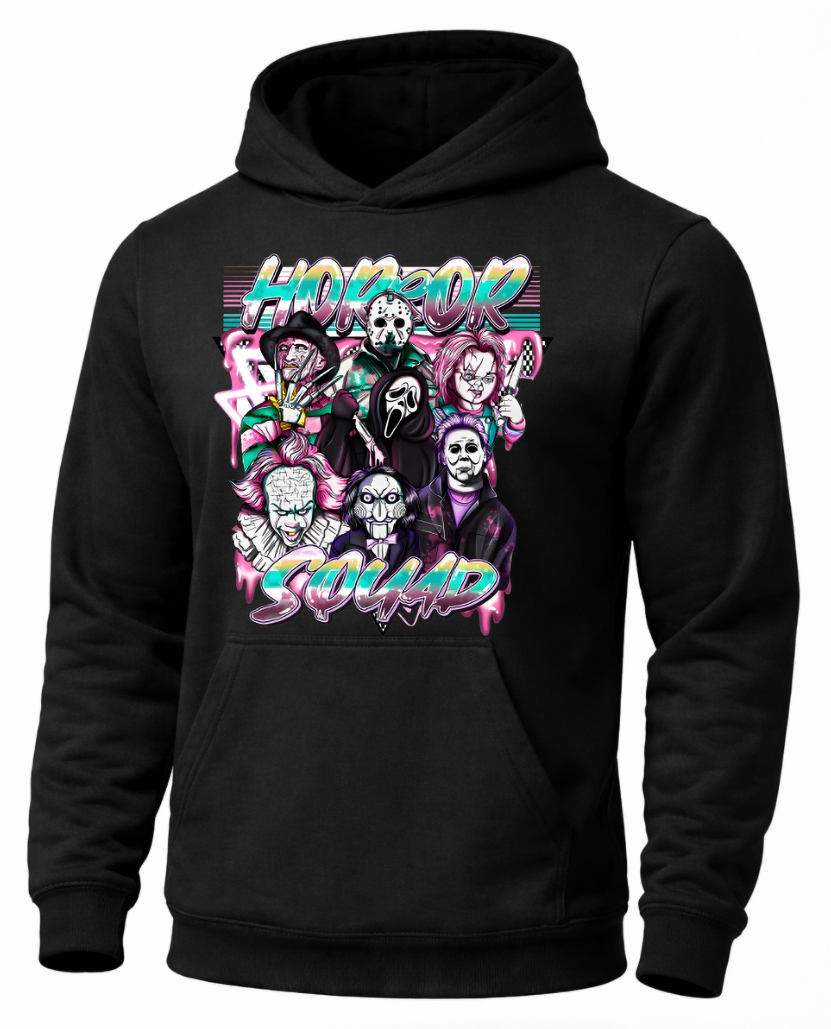 Black Horror Squad hoodie with colorful retro horror movie character graphic