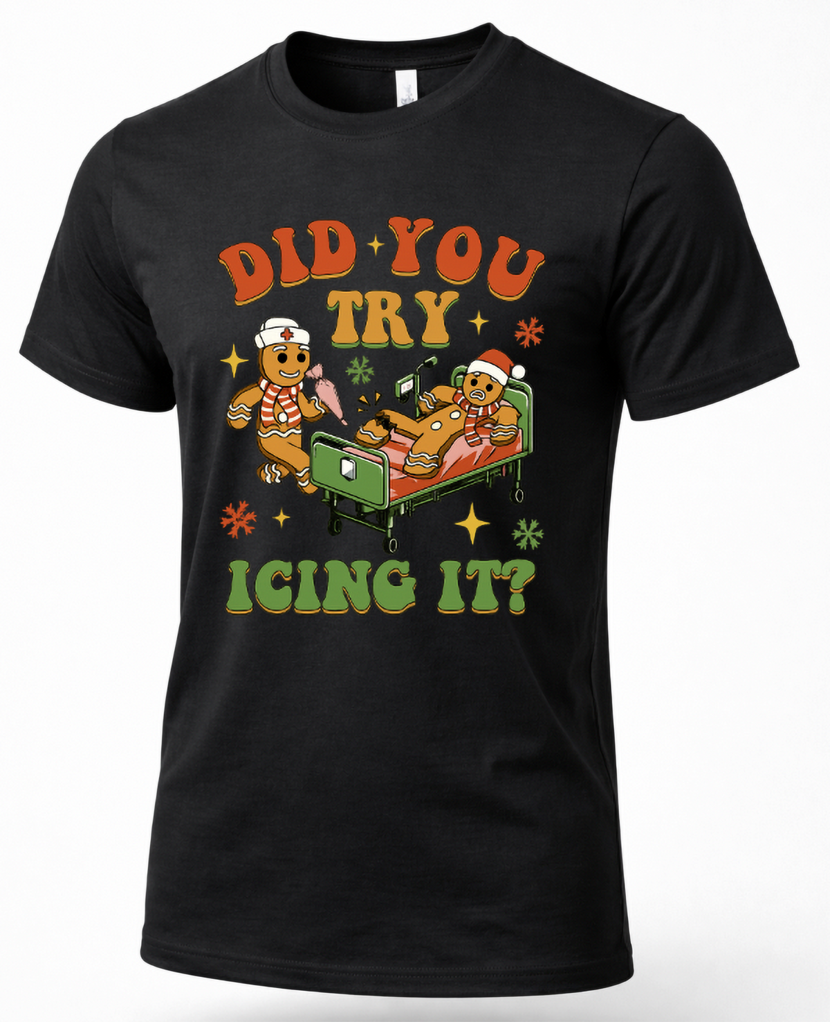 Black Did You Try Icing It Christmas graphic t-shirt with funny gingerbread medical humor design.