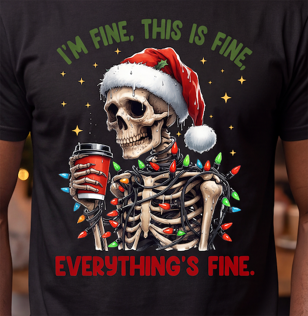 Close-up of I’m Fine Everything’s Fine skeleton Christmas design on black shirt.