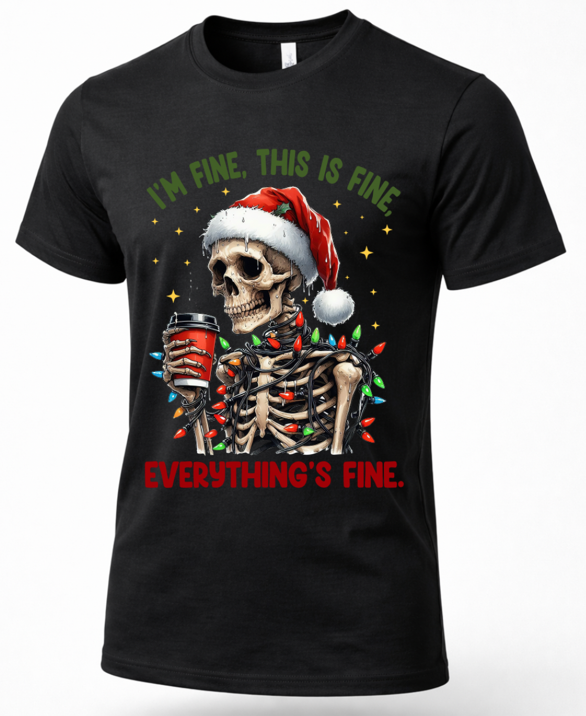 Black Christmas graphic tee featuring skeleton in Santa hat tangled in colorful Christmas lights.