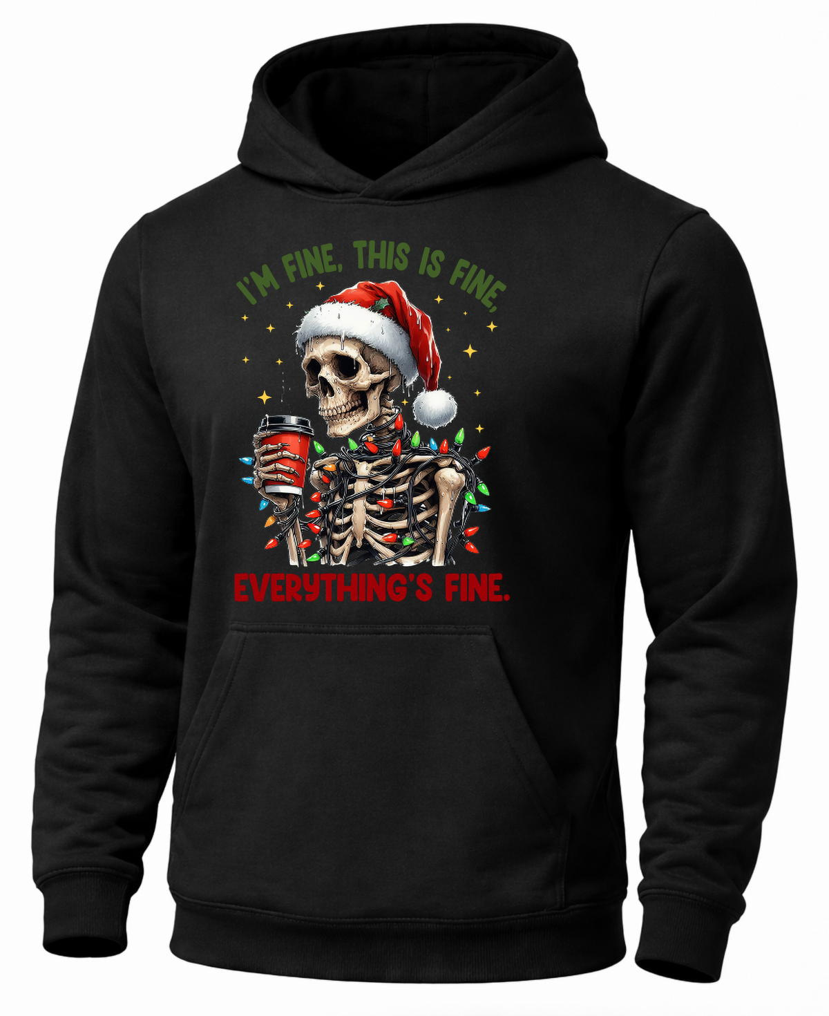 Black Christmas skeleton hoodie with Santa skull, coffee cup and Christmas lights graphic