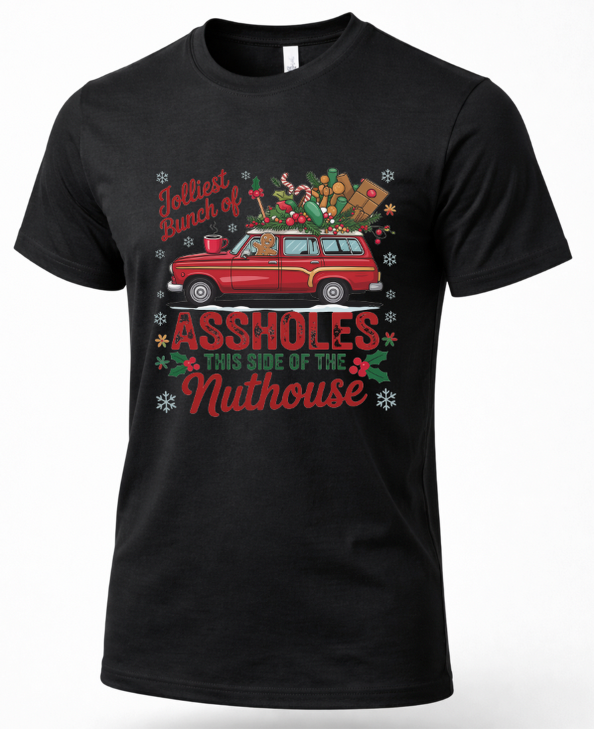 Black Christmas graphic tee featuring Jolliest Bunch of Assholes station wagon holiday design.