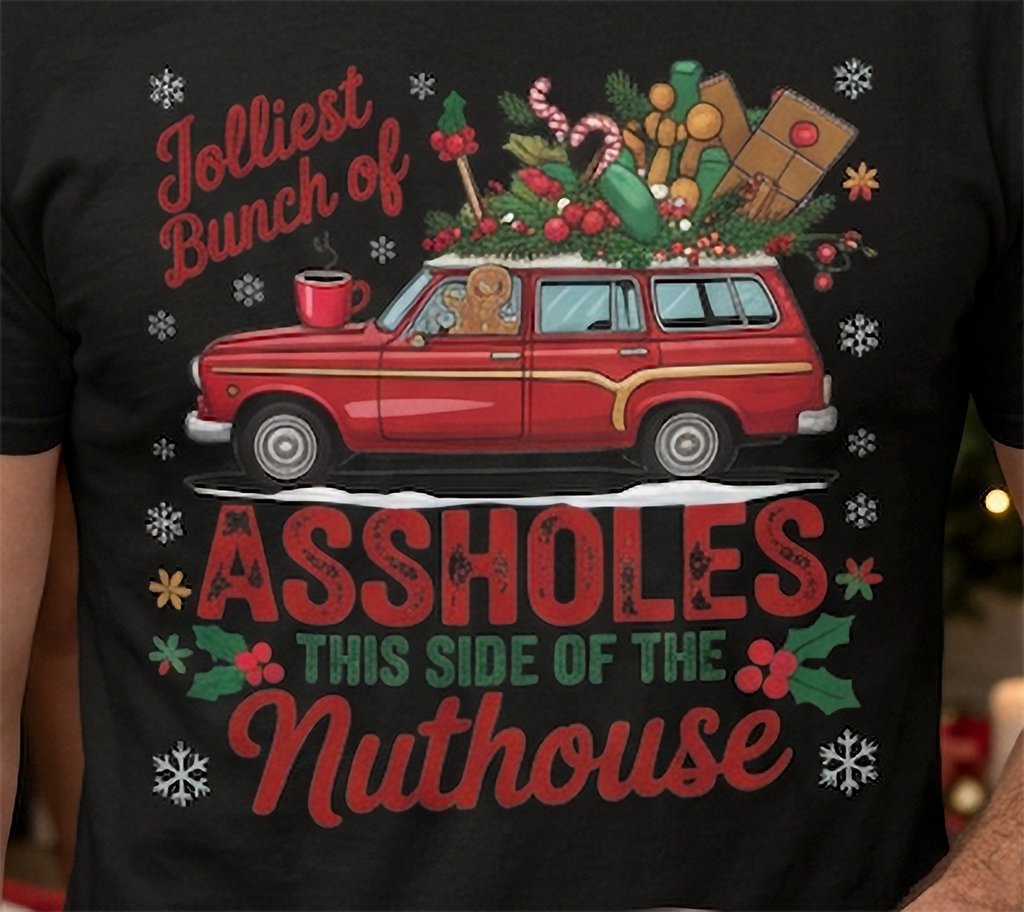 Close-up of black Jolliest Bunch of Assholes Christmas shirt graphic with red station wagon and festive details.