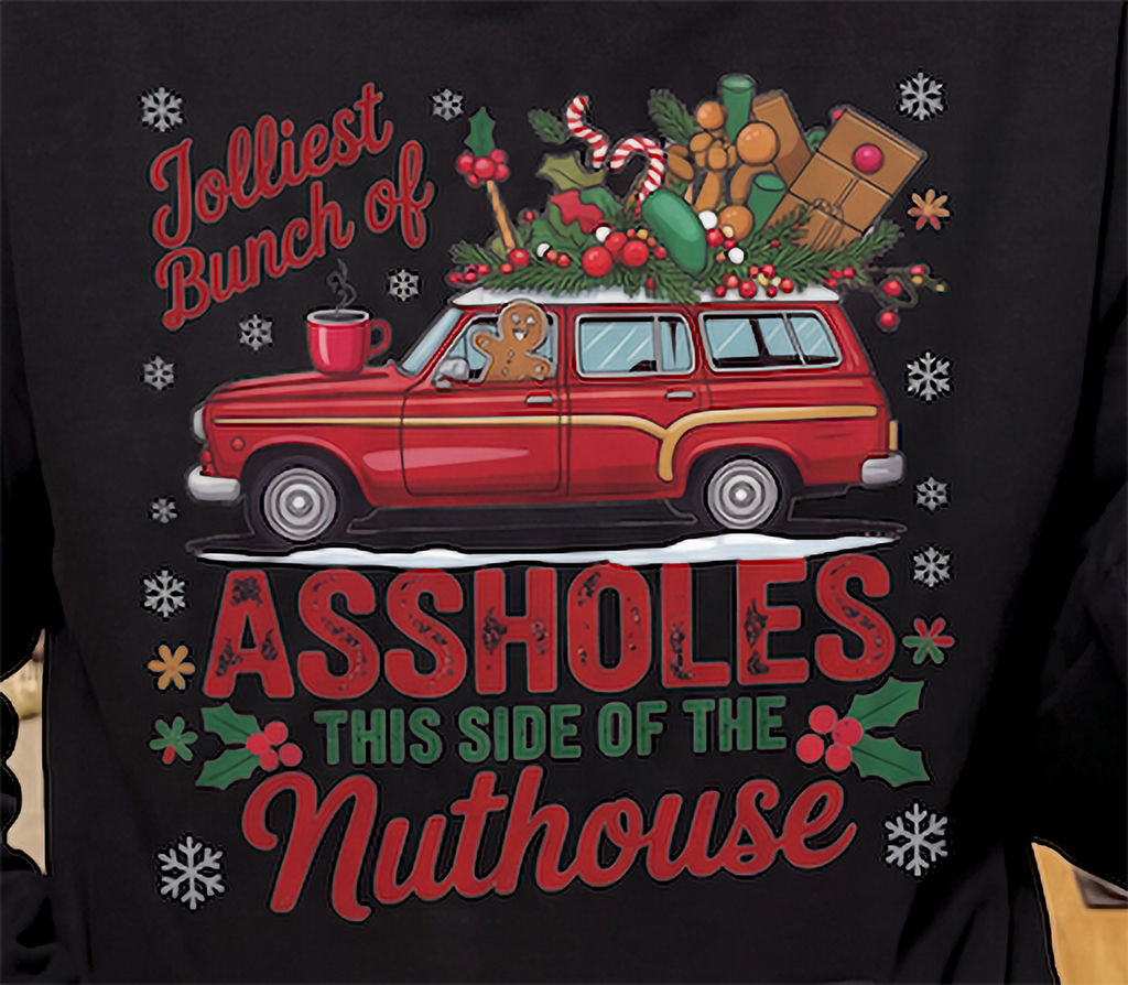 Close-up of black sarcastic family Christmas hoodie with Jolliest Bunch holiday graphic