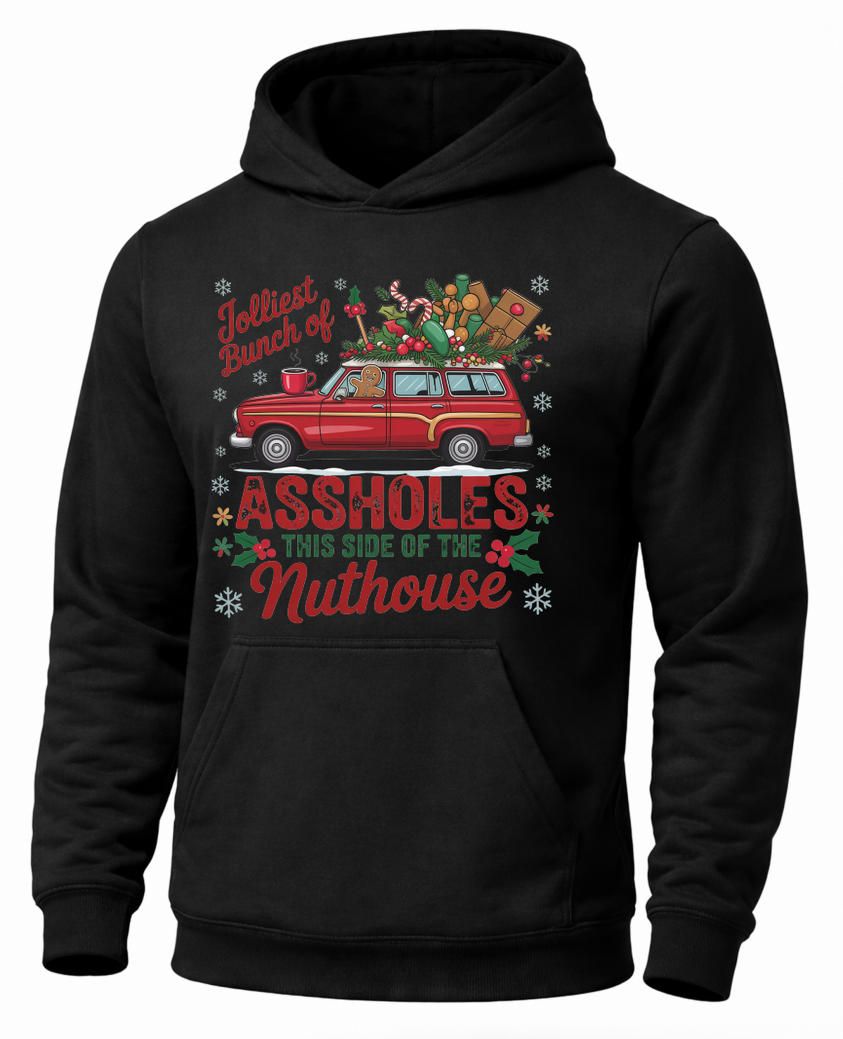Black funny Christmas hoodie with retro station wagon and Jolliest Bunch design