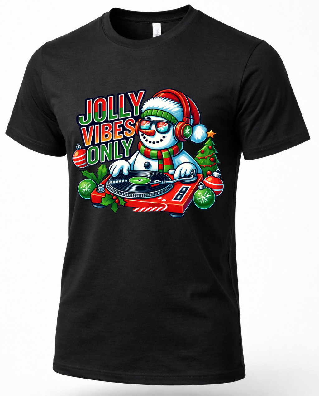Black Mockup: Black unisex Christmas graphic t-shirt featuring a colorful snowman DJ and Jolly Vibes Only holiday design.