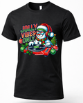 Black Mockup: Black unisex Christmas graphic t-shirt featuring a colorful snowman DJ and Jolly Vibes Only holiday design.