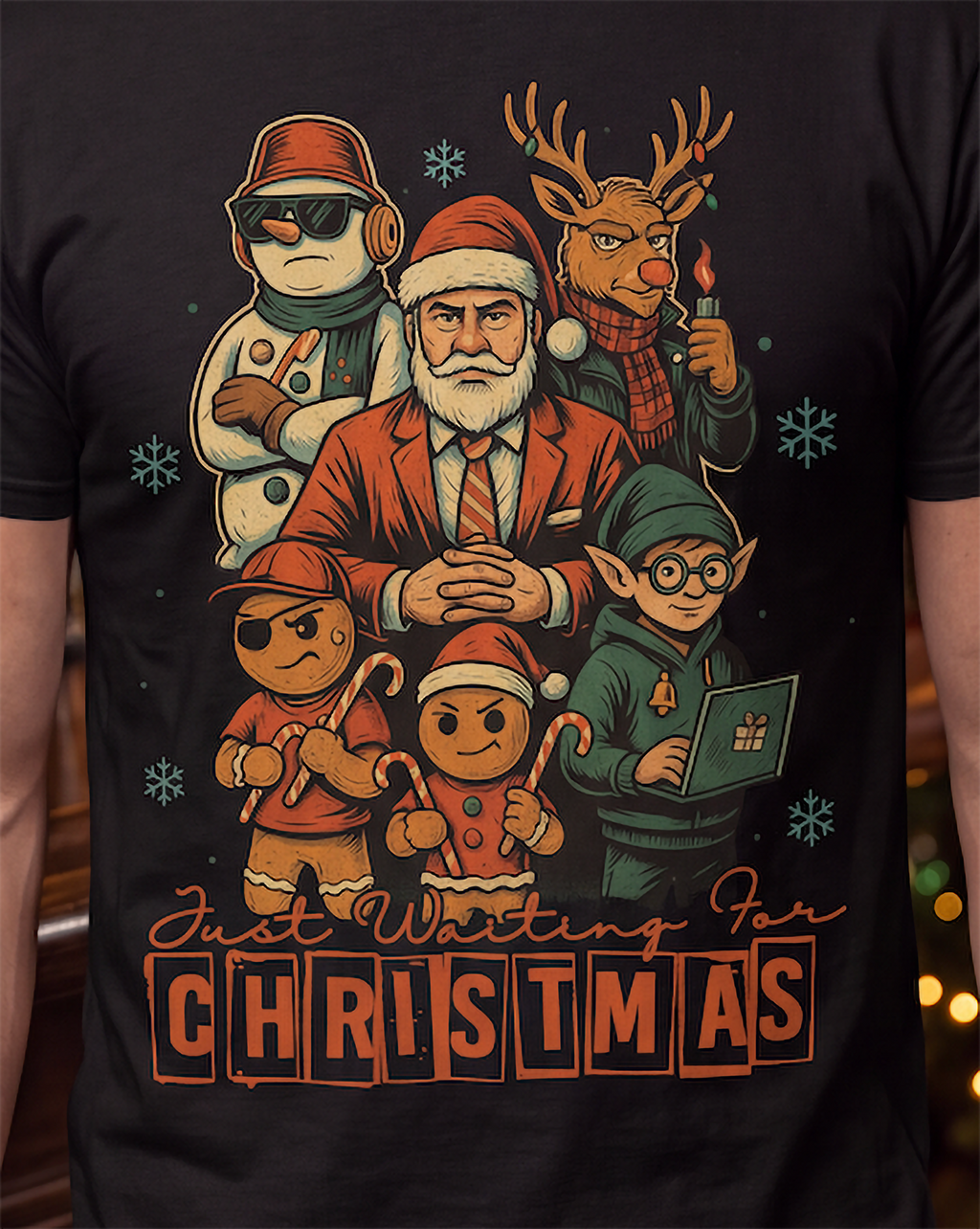 Close-up of black funny Christmas shirt featuring a festive holiday character crew and Christmas graphic.