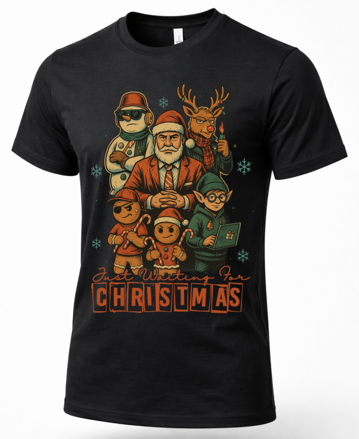 Black Christmas graphic tee with colorful Santa, reindeer, elf, snowman and gingerbread holiday character artwork.