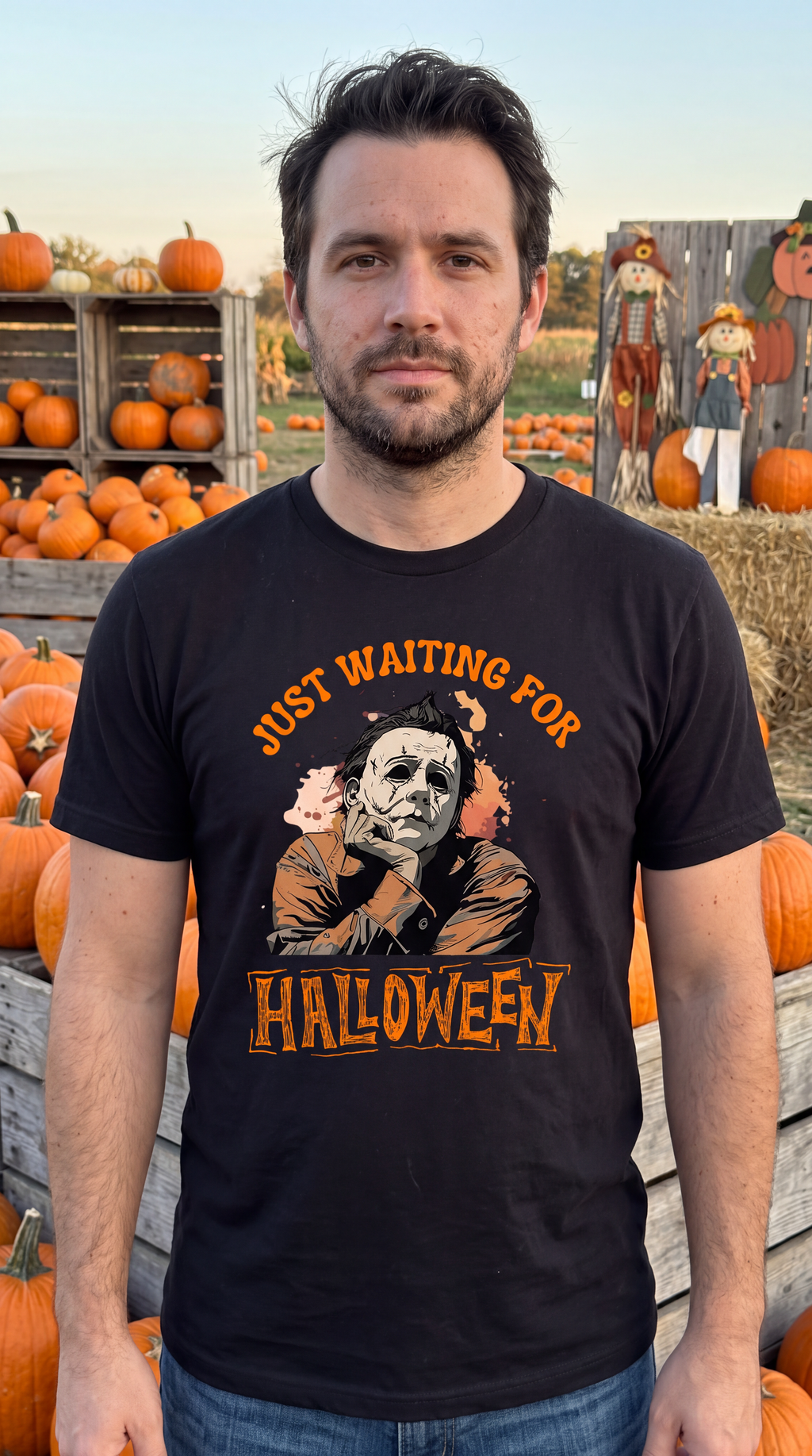 Man wearing black Michael Myers Just Waiting for Halloween horror shirt