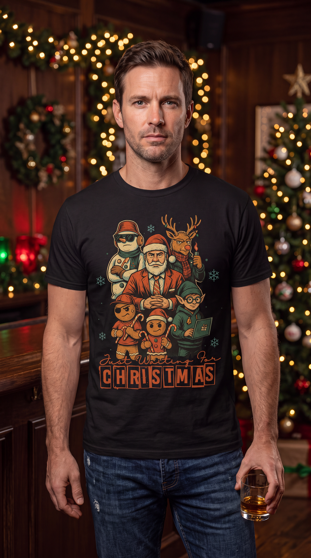 Man wearing black funny Christmas graphic tee featuring a festive Santa, reindeer, elf, snowman and gingerbread character design.