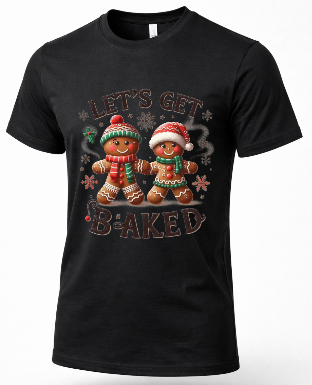 Black Let’s Get Baked Christmas T-shirt featuring two festive gingerbread characters and funny holiday saying.