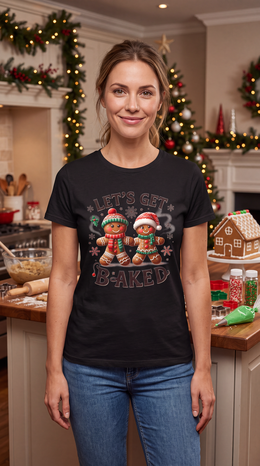 Woman wearing black Let’s Get Baked Christmas graphic tee with funny gingerbread holiday design.
