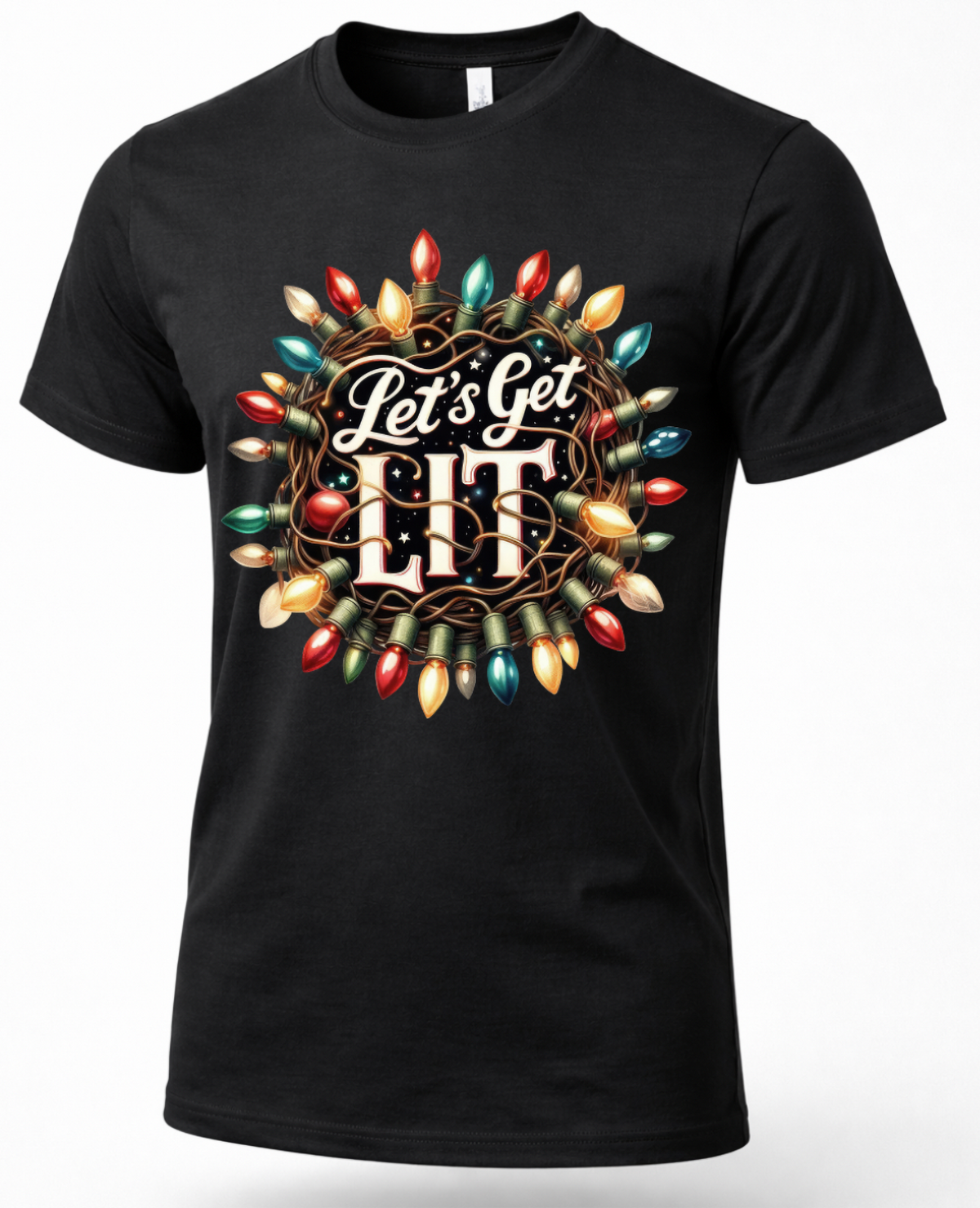Black Let’s Get Lit Christmas T-shirt featuring a festive ring of colorful holiday lights.