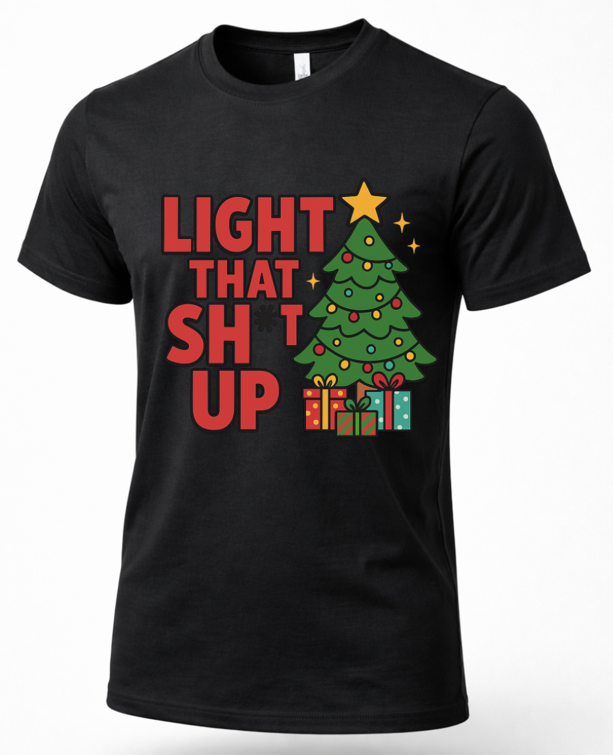 Black Light That Shit Up Christmas shirt featuring a decorated Christmas tree and presents graphic.
