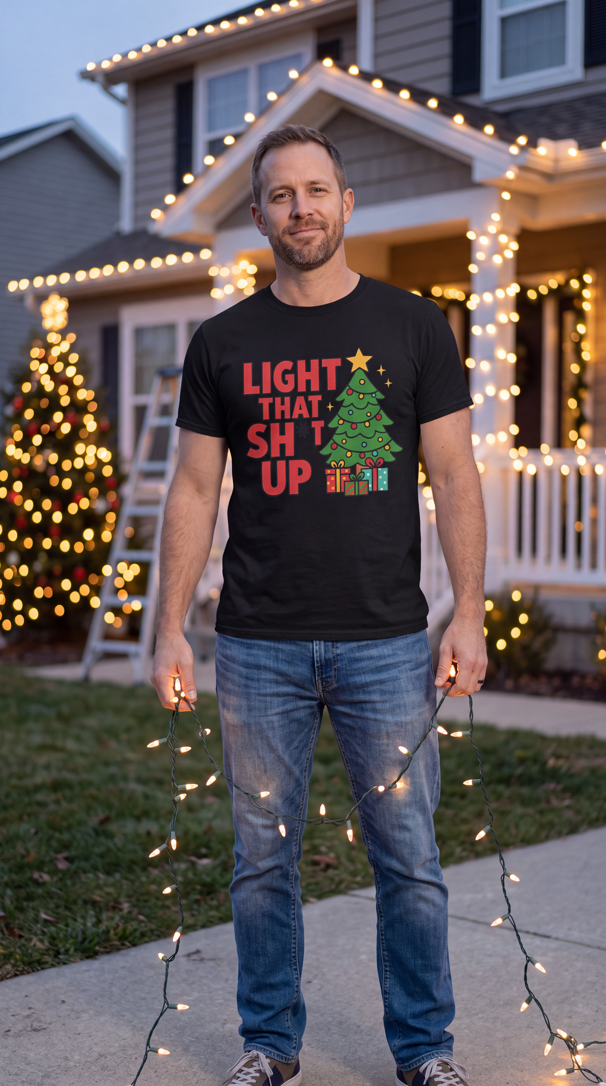 Man wearing black Light That Shit Up Christmas shirt outdoors during the holiday season.